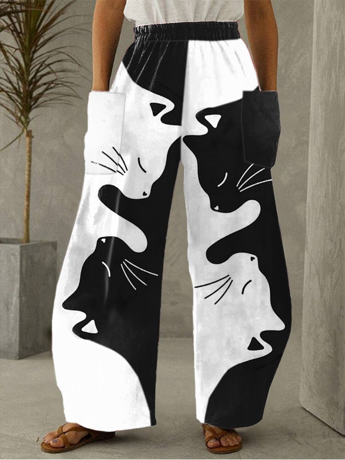 Printed Elastic Waist Home Wide Leg Pants