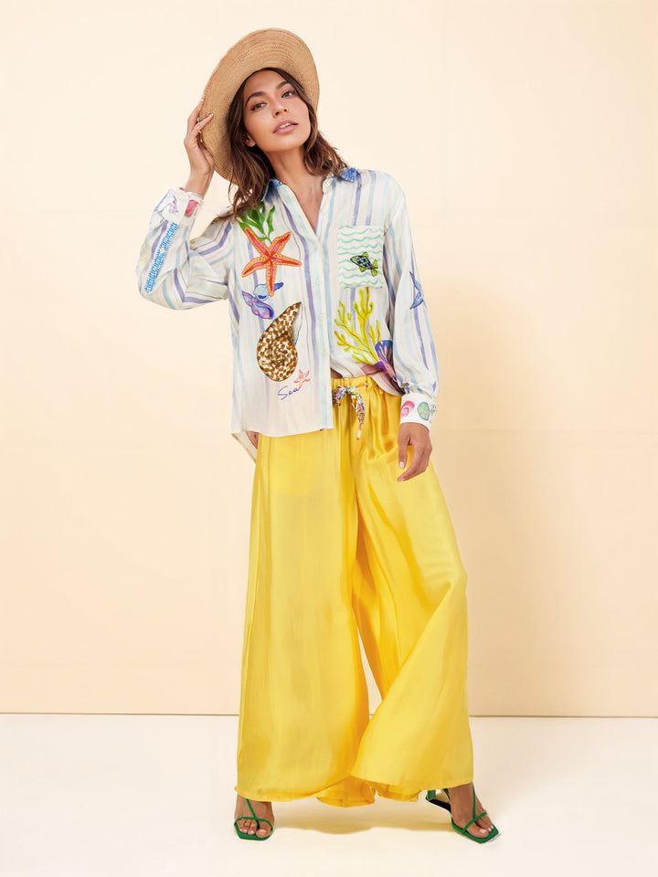 Print Ocean Theme Long Sleeve Collared Shirt