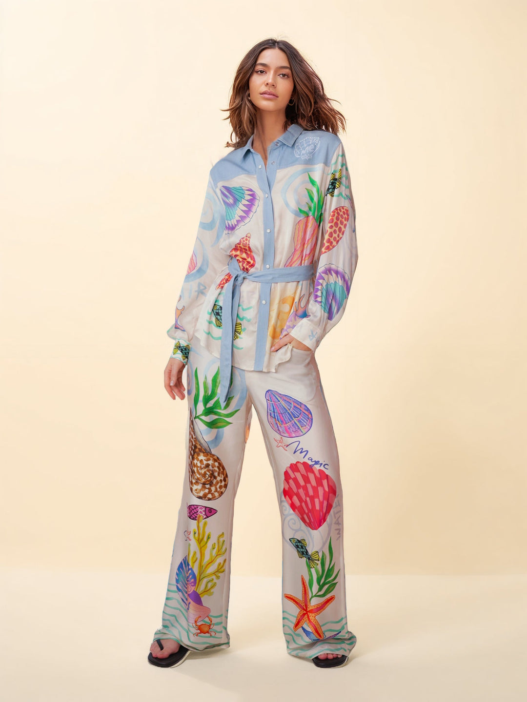 Print Ocean Theme Long Sleeve Collared Shirt