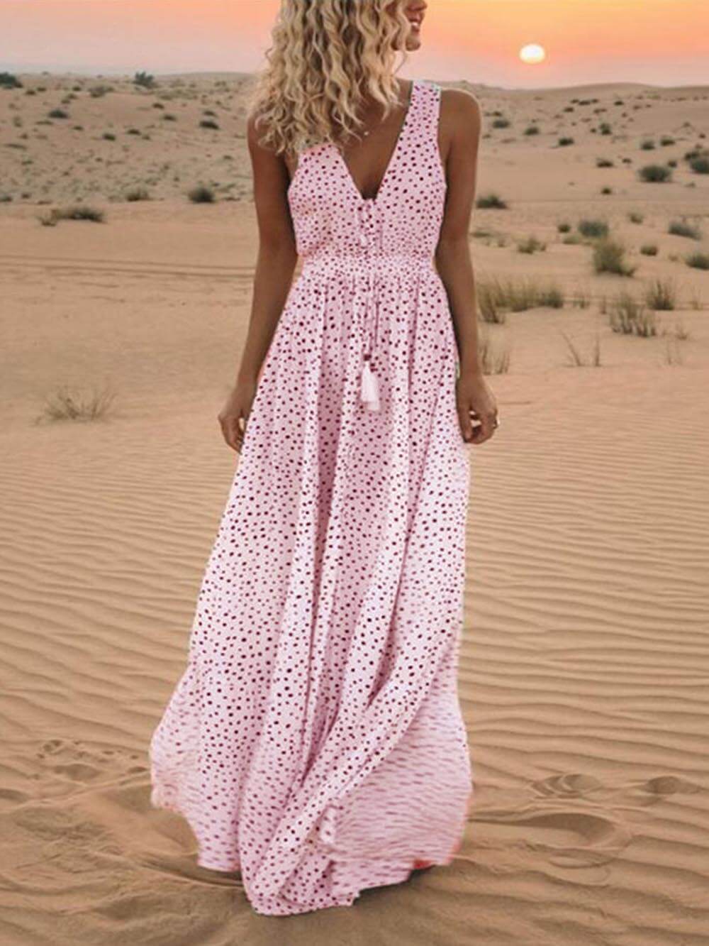 Bohemian V-Neck Sleeveless Polka-Dot Maxi Dress