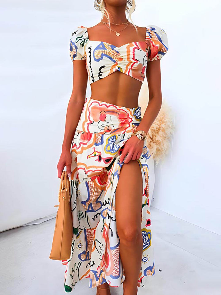 Summer Printed Top And Wrap Skirts Set