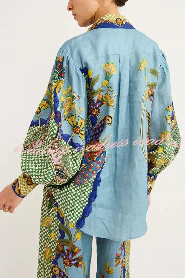 Sun Seeking Unique Heaven Bird Print Balloon Sleeve Button Loose Shirt