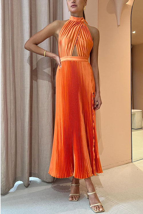 Lumina Halter Open Back Pleated Dress