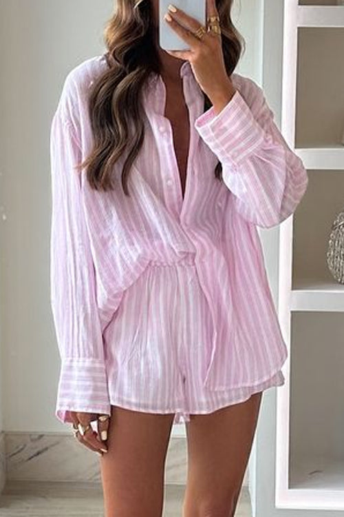 Striped Long Sleeves Blouse and Shorts Set