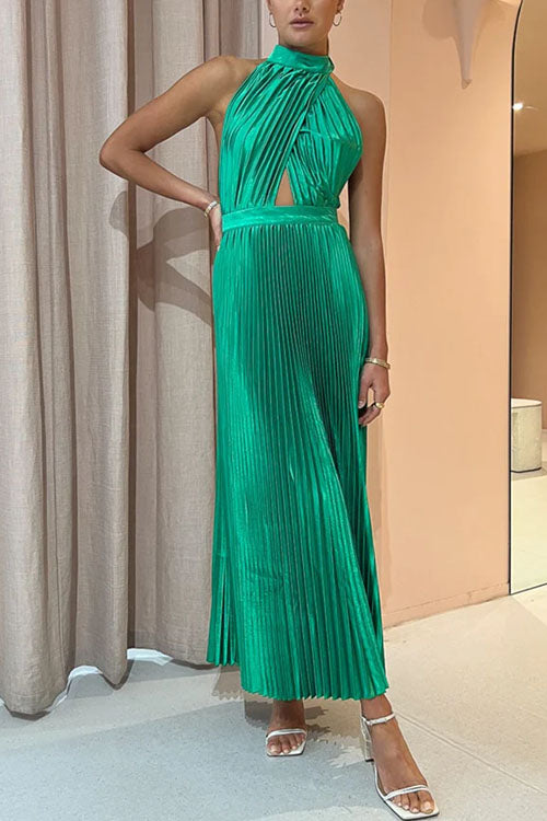 Lumina Halter Open Back Pleated Dress
