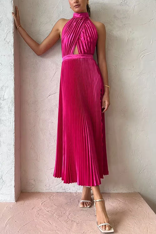 Lumina Halter Open Back Pleated Dress