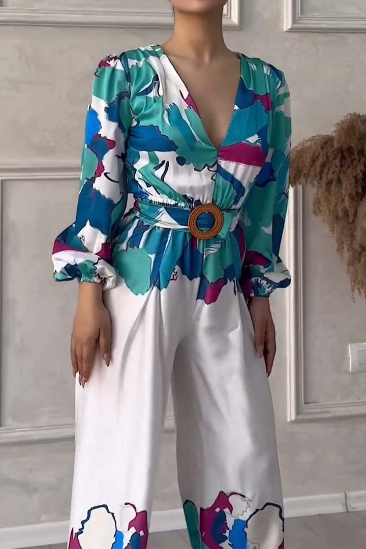 Fashionable V-neck partial printed jumpsuit