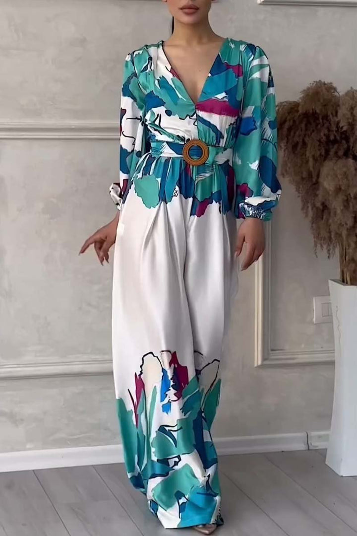 Fashionable V-neck partial printed jumpsuit