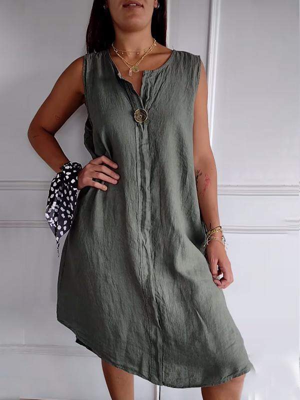 Women's Cotton and Linen Button Design V-neck Sleeveless Dress