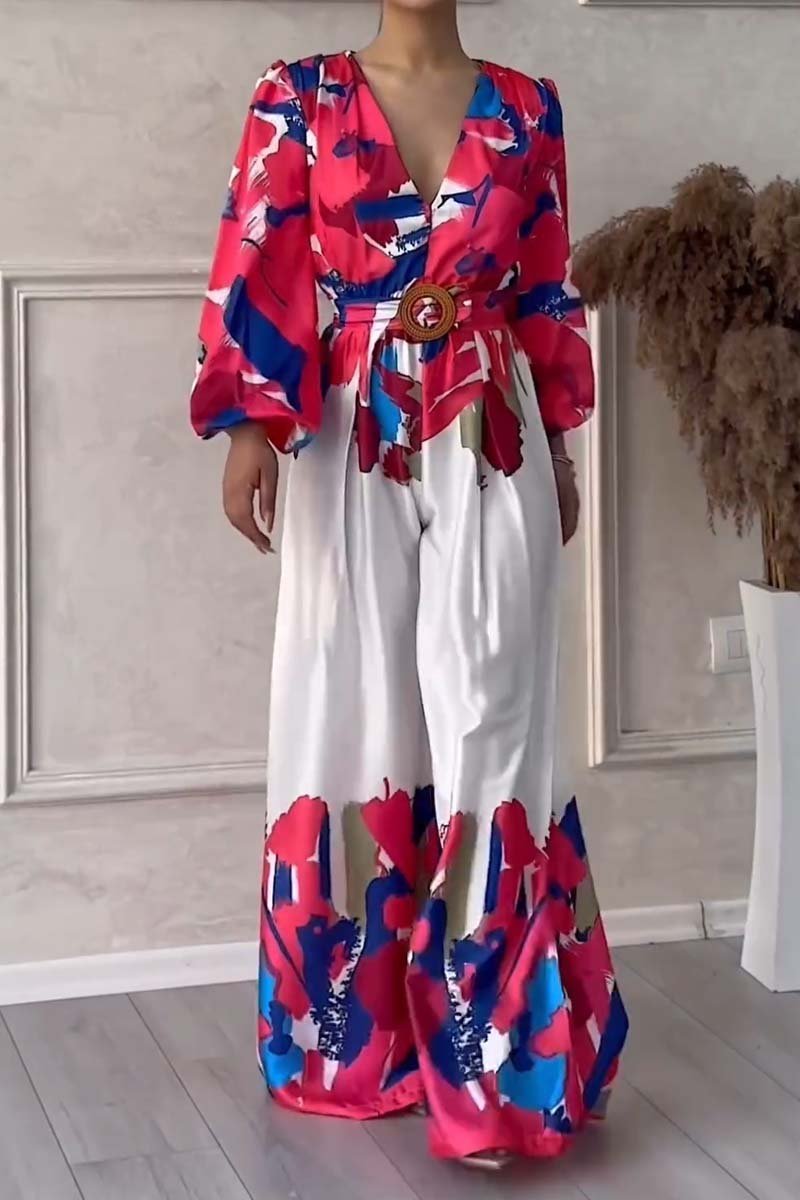 Fashionable V-neck partial printed jumpsuit