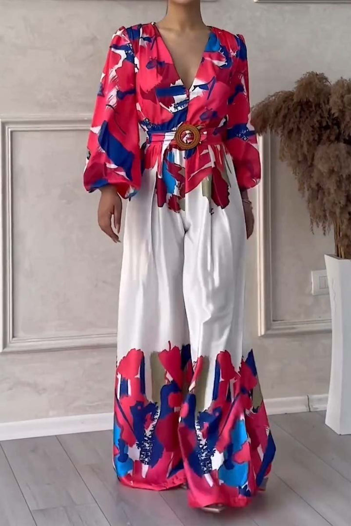 Fashionable V-neck partial printed jumpsuit