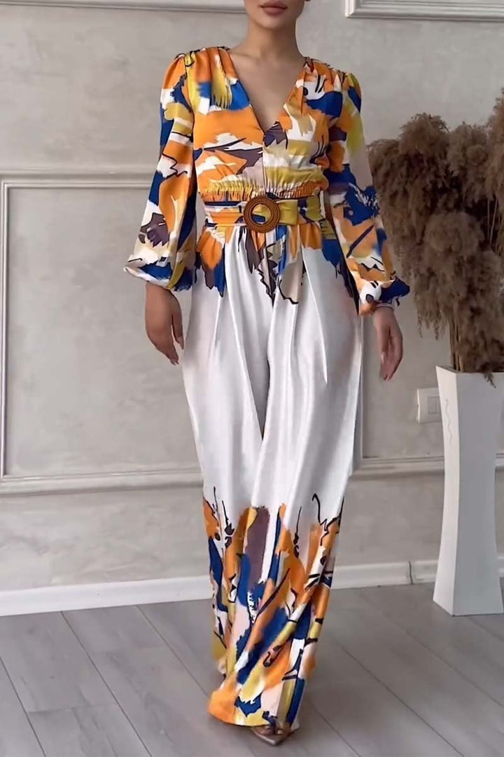 Fashionable V-neck partial printed jumpsuit