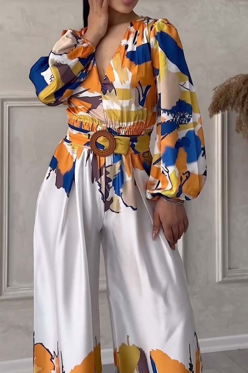 Fashionable V-neck partial printed jumpsuit