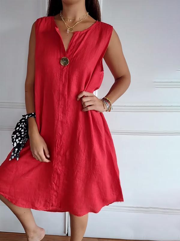 Women's Cotton and Linen Button Design V-neck Sleeveless Dress