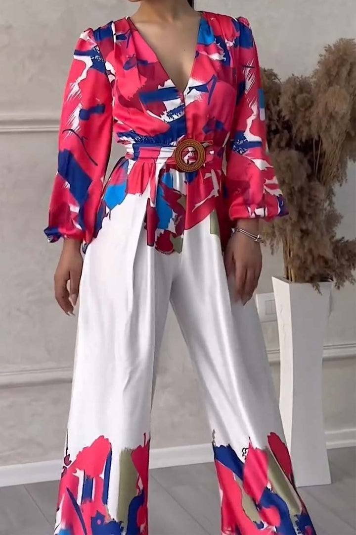 Fashionable V-neck partial printed jumpsuit